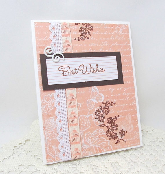 Best Wishes Card - Wedding Card - Celebratory Card - Engagement Card - Peach and White - Vintage Style - Brown Accents - Bird Cage Theme