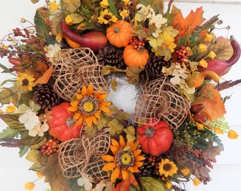 Fall Wreath"Joyful Harvest"Pumpkin Wreath,Fall Front Door Wreath,Sunflower Wreath,Thanksgiving Wreath, Country Wreath, Autumn Wreath-Ex.Full