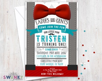 Little Man First Birthday Invitations, Boys First Birthday Invitation, Bowtie Theme Birthday, Red, Gray and Turquoise, Little Man Theme