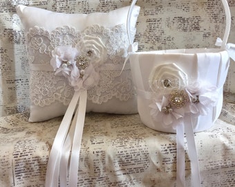 Ring Bearer Pillow and Flower Girl basket, Flower girl basket, Lace ring bearer pillow, ring pillow, vintage flower girl basket