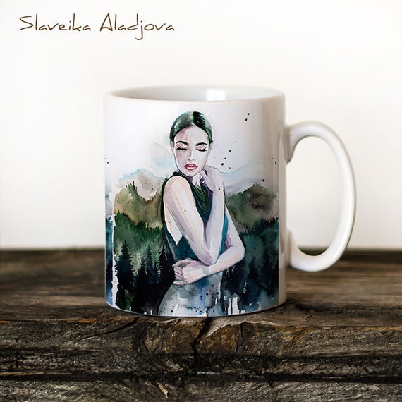 Chica de montaña pájaro taza taza acuarela cerámica por slaviart