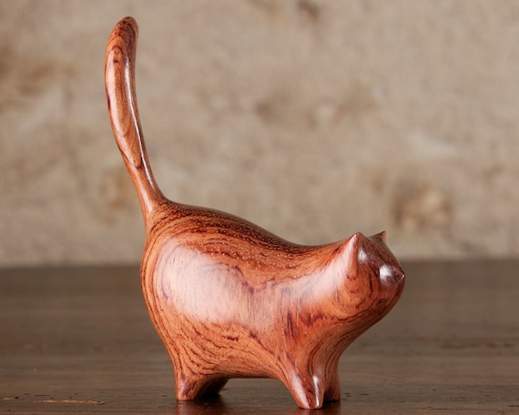 Skinny Martha Cat Carved From Bubinga Wood by Perry Lancaster, Genuine Original Cat Sculpture Wooden Cat Figurine
