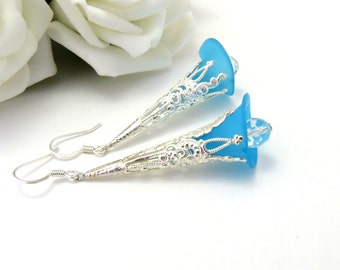 Trumpet Style Blue Lucite Earrings, Long Flower Earrings,Silver Earrings, Drop Earrings, Blue Earrings, Flower Earrings
