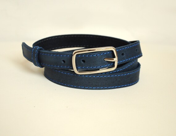 Leather belt for women Blue leather belt Narrow belt ALL