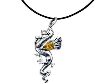 Baltic Amber Necklace Amber from Poland .925 Sterling Silver Dragon Pendant & Leather Cord Necklace Leather Necklace , AD994LN