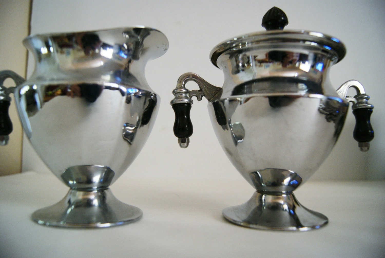 Art Deco Chrome Metal Creamer and Sugar Bowl with Bakelite Handles