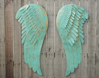 Large Angel Wings, Wall Decor, Shabby Chic, Aqua, Gold, Metal, Rustic, Hand Painted, Shabby Chic Decor, Boho, Wedding, Nursery Decor
