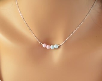 Pastel Choker Necklace, Silver Plated, Spring Jewelry, Rose Quartz and Serenity, Dainty Simple, Pink and Blue Swarovski Pearls