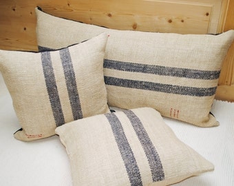 Authentic Grain Sack Pillow Cover / Antique linen / Navy Blue Stripes / Handwoven hemp fabric /Handmade Grainsack Pillow Sham - 2S