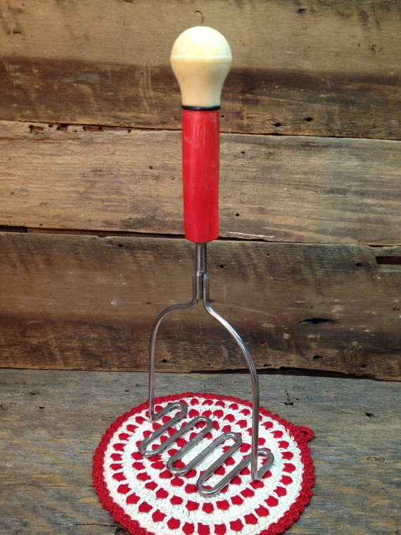 Vintage Potato Masher Red and White Bakelite Handle Made in