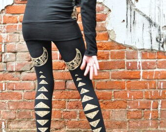 Black Bamboo Leggings, High Priestess Print, Moon Geo Print, Moon Print Tights, Printed Tights, High Waisted, Bamboo Jersey