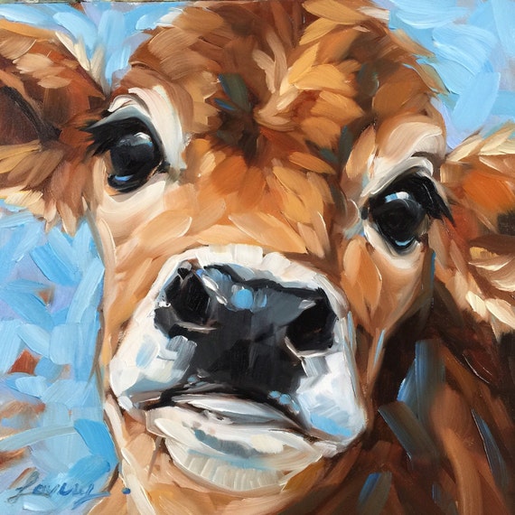 6x6 inch frame oil Painting impressionistic 6x6 inch Cow painting original