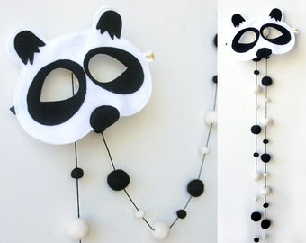 Felt Balls GARLAND + Panda MASK. Child Mask. Black White Felt Balls Garland. Kids gift set.Kids Mask.Children Mask.Pom poms.Animal Mask