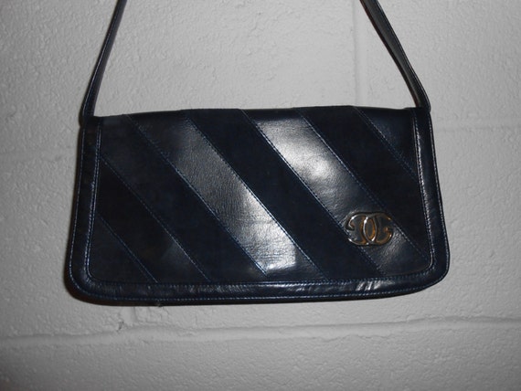 Vintage Navy Blue Leather & Suede Clutch Handbag Purse