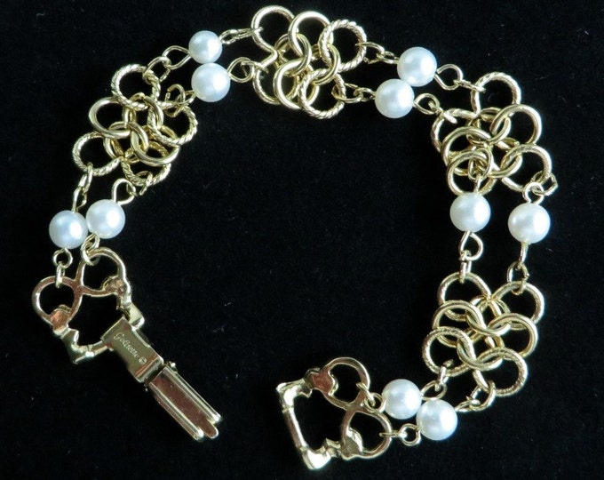 Goldette NY Link Bracelet, Vintage Faux Pearl, Goldtone Bracelet
