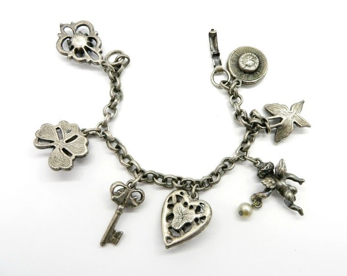Coro Charm Bracelet, Vintage Silver Tone Rhinestone Cupid Heart Key Flowers Blue Rhinestone Charm Bracelet, Gift for Her