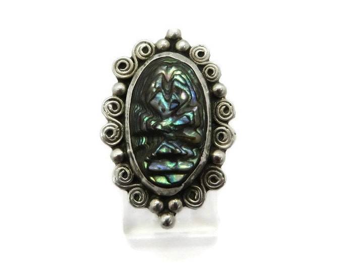 Mexican Abalone Sterling Silver Ring, Carved Abalone Ring, Size 7