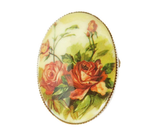 Rose Brooch, Porcelain Pin, Vintage Roses Brooch, 1950s Oval Floral Transferware Pin, Antique Style Muted Roses Pin Rose Brooch, Porcelain Pin, Vintage Roses Brooch, 1950s Oval Floral Transferware Pin, Antique Style Muted Roses Pin