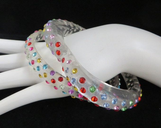 Vintage Bangles - Rhinestone Bangle Pair, Confetti Bracelets, Heart and Round Bangles, Gift for Her