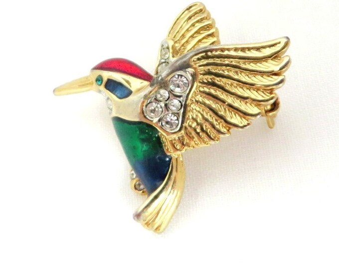 Rhinestone Hummingbird Brooch, Vintage Enameled Bird Pin, Gift for Her