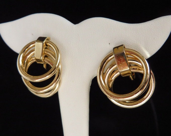Crown Trifari Triple Hoop Earrings, Vintage Gold Tone Clip-on Earrings