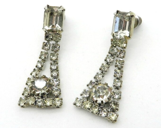 Dangling Rhinestone Bridal Earrings, Vintage Pierced Silver Tone Earrings, Chandelier Studs, Gift for Her