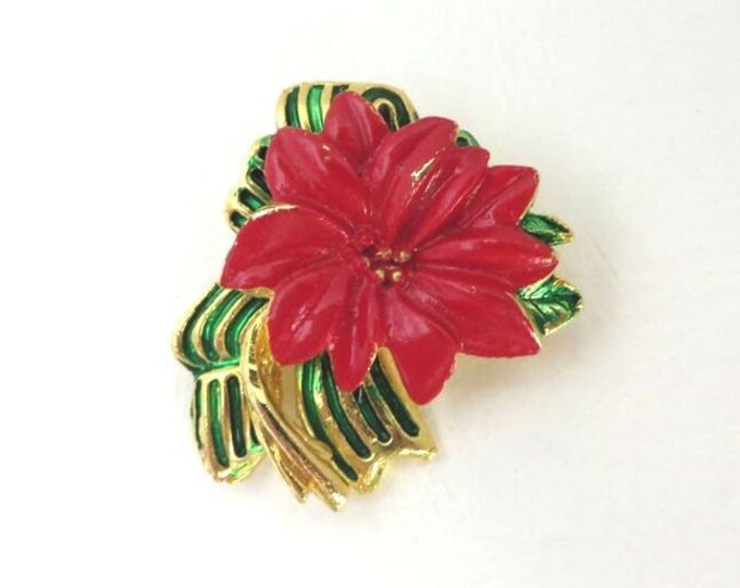 Vintage Brooch - Poinsietta Christmas Brooch, Holiday Pin,Enamel Gold Tone Flower Brooch