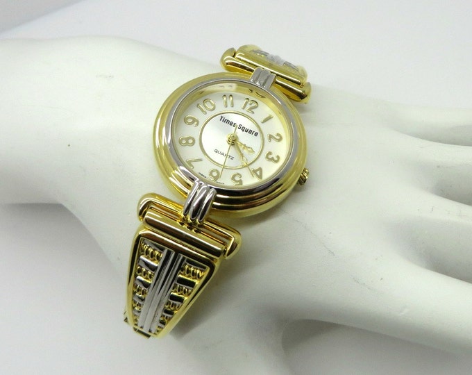 Vintage Times Square Watch, Ladies Watch, Goldtone & Silvertone Stretch Band Watch