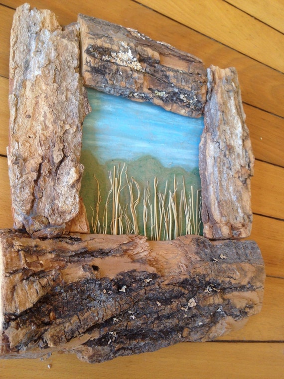 Mixed Media Painting W/ Rough Maple Wood & Bark by vermontthrift