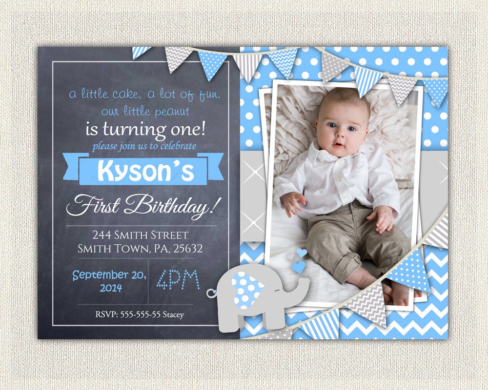 Elephant Boys Blue Grey 1st Birthday Invitation / Download