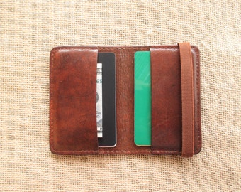 Leather credit card holder, minimalist wallet, thin wallet, slim wallet, with elastic band in dark cognac