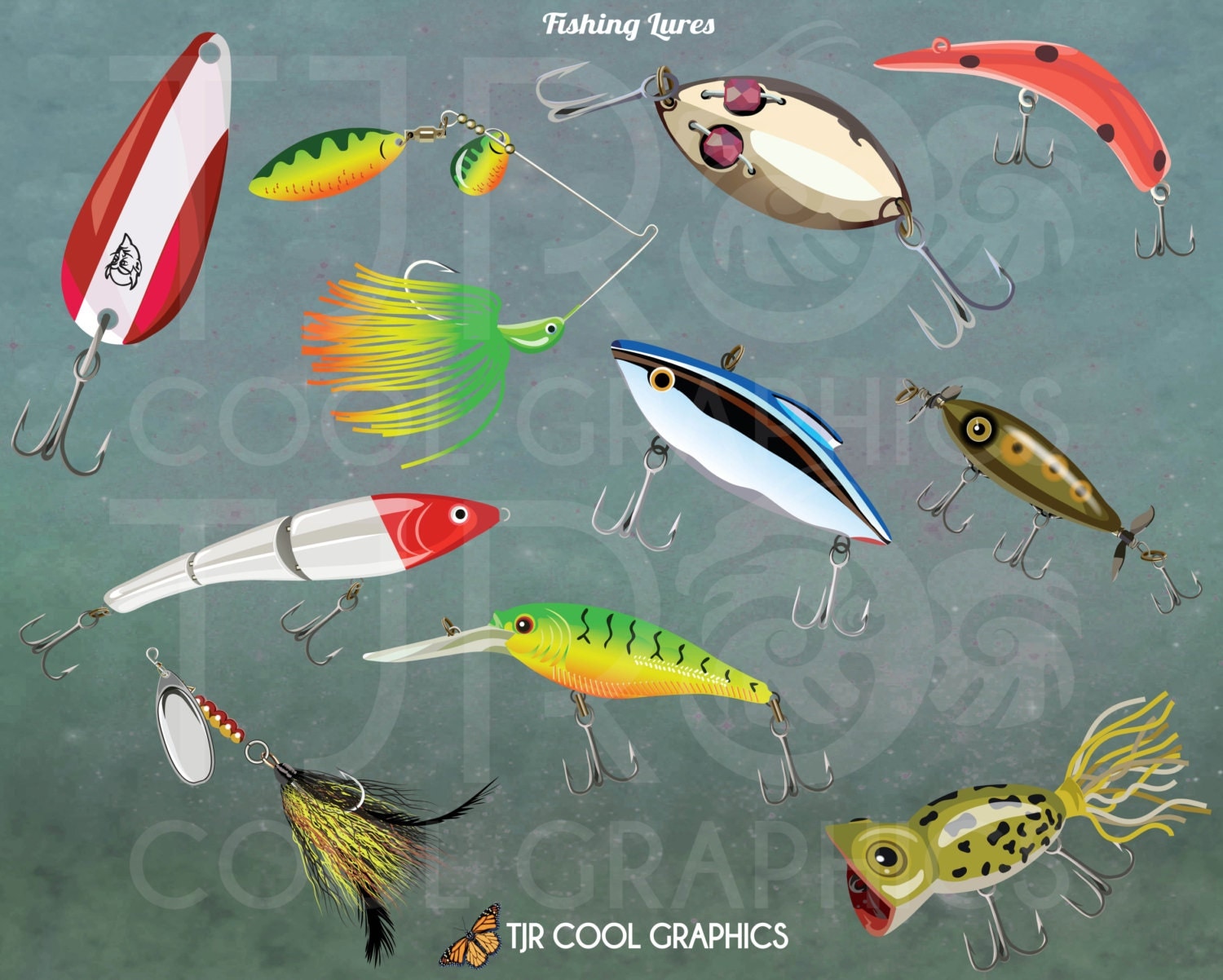 Fishing Lures Digital Realistic Clip Art PNG Printable