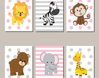 Jungle Animals Nursery Wall Art Jungle Nursery Prints Or Canvas Set of 6 Pink Grey Baby Girl Elephant Pink Gray Giraffe Zebra Safari Animals