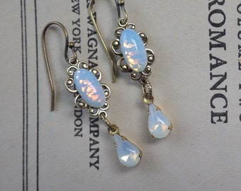 Small Moonstone Earrings ~ Vintage Glass ~ Edwardian Style ~ Small White Opal ~ Boho ~ Vintage Style ~ SILVER also ~ by LadyofTheLakeJewels
