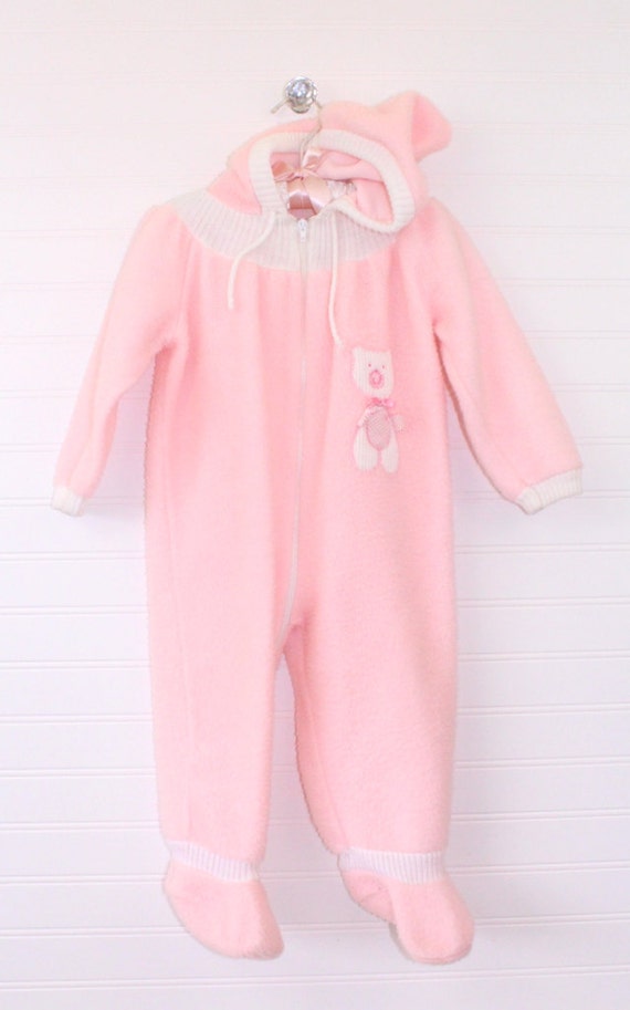 Vintage baby snowsuit, pink with white trim and bear detailing, Rocking Horse sz L (12 -18mo)