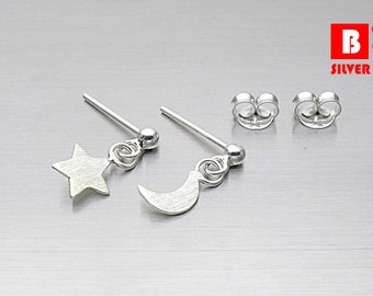 925 Sterling Silver Stud Earrings, Star and Moon Brushed Earrings, Stud Earrings (Code : CH3C)