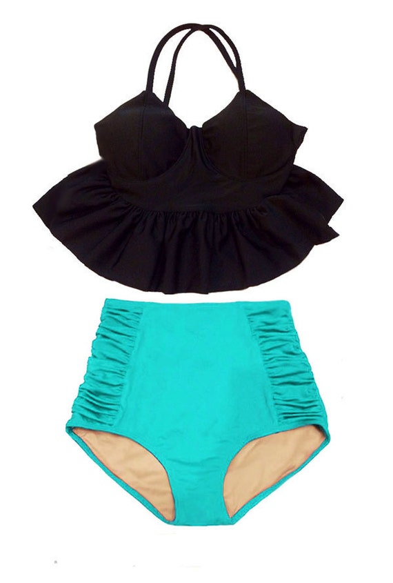 Black Long Peplum Top and Mint Ruched High waisted waist rise