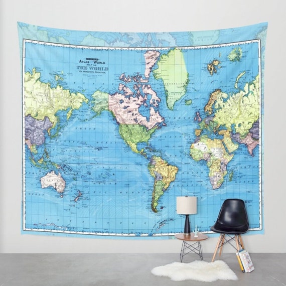 World Map Tapestry Wall Hanging Vintage Mercator Map Blue