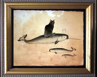Black Cat Riding Narwhal - Black Cat Riding Narwhal - Vintage Collage Art Print on Tea Stained Paper - Vintage Art Print - Vintage Paper