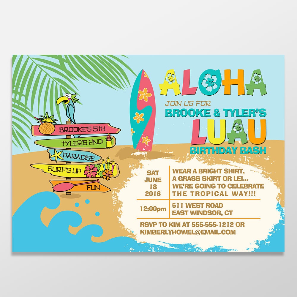 Kid's Luau Birthday Invitations Girl or Boy Birthday Luau