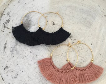 Black pink beige fringe earrings tassel earrings textile earrings fabric earrigs