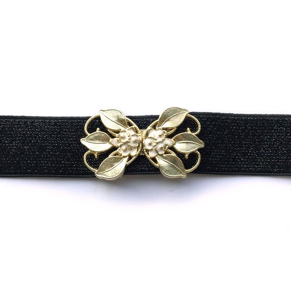 Gold Flower Belt Black Waist Belt Gold and Cream Flower with