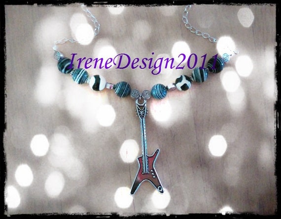 Handmade Silver Necklace with Striped Gemstones & Guitar by IreneDesign2011