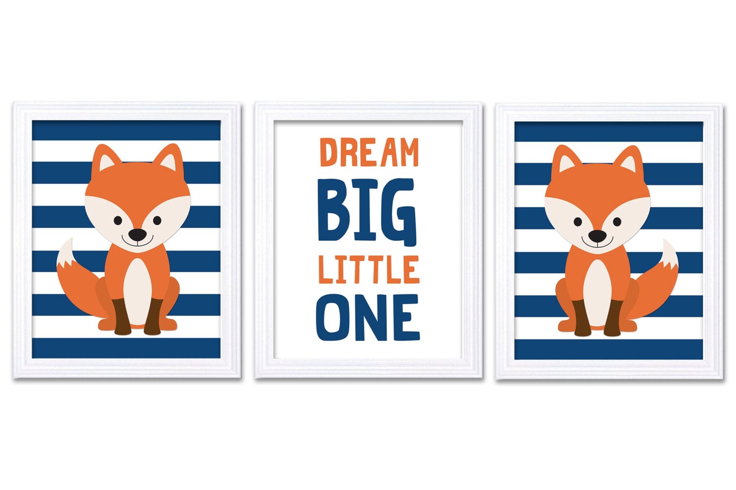 Fox Nursery Art Set of 3 Prints Orange Navy Blue Dream Big Little One Child Kid Boy Room Wall Decor 