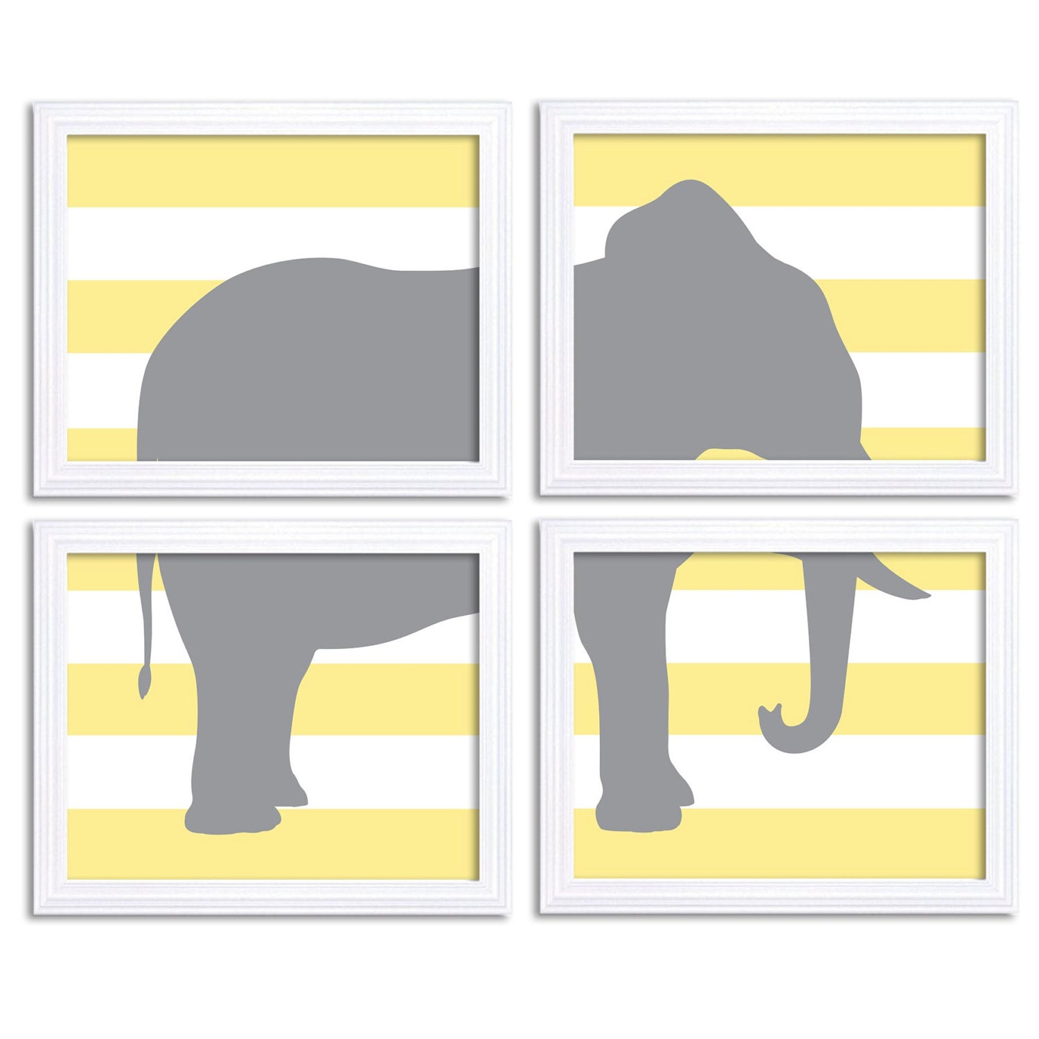 Elephant Nursery Art Set of 4 Prints Yellow Grey Nursery Art Stripes Child Art Kids Wall Decor Baby 