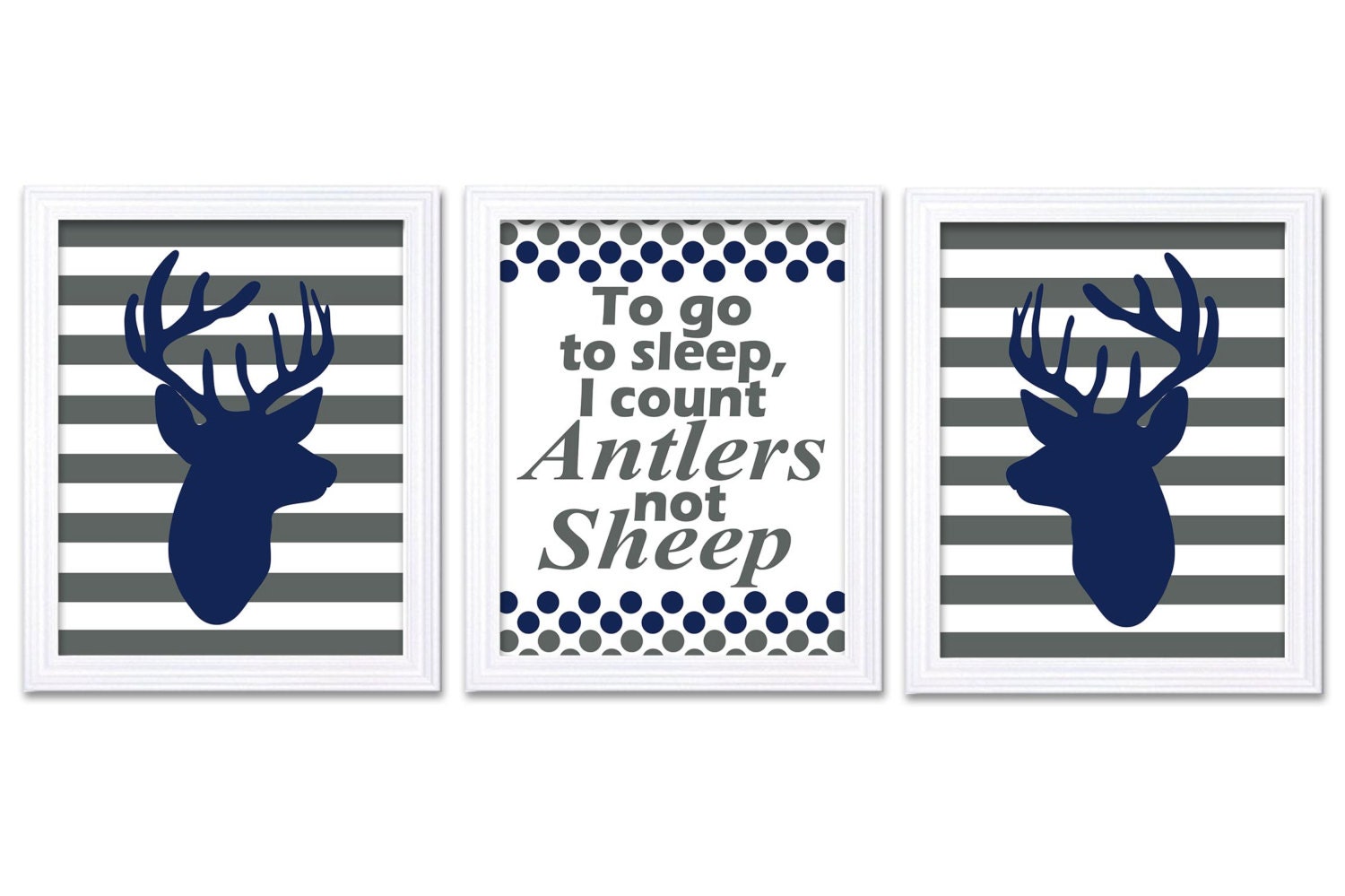 Navy Blue Grey Deer Nursery Art Deer Head Prints Set of 3 To Go To Sleep Count Antlers Stripes Baby 