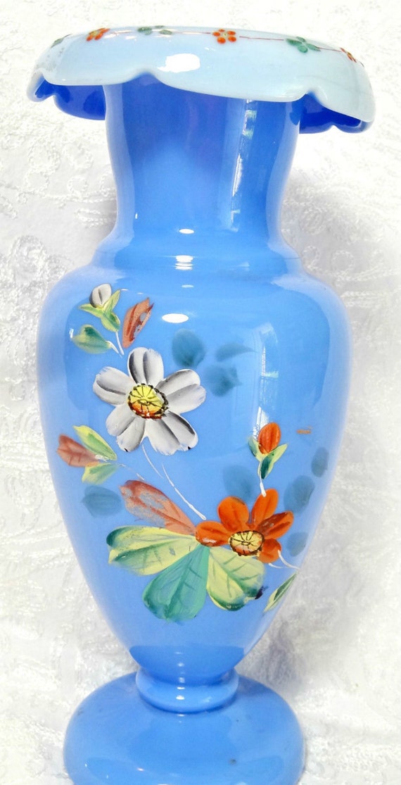 Vintage Bristol Glass Vase Blue Hand Painted Flowers Antique