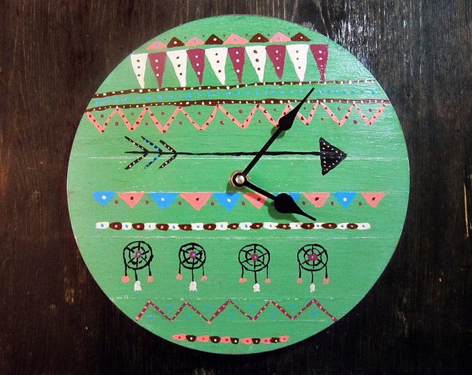 Boho Wall Clock - Primitive Art Decor - Aztec Art - Wood Clock - Wall Decor - Bohemian Home - South Western Decor - Ready to Ship