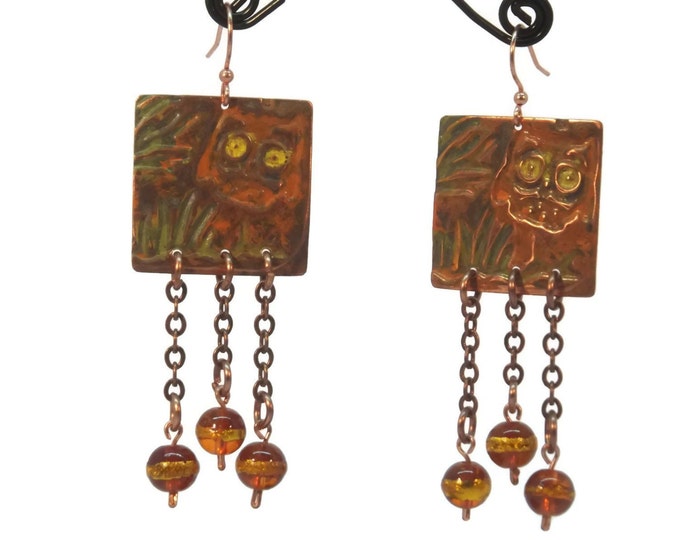 HOOT Owl Copper Dangle Halloween Earrings Great Gift Autumn Fall Celosia Orange Pumpkin Koi OOAK One of a Kind