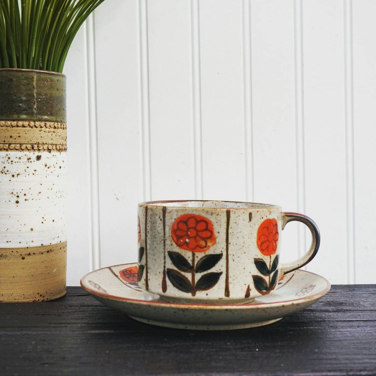 Stoneware Coffee Mug And Plate Floral Design Mid Century